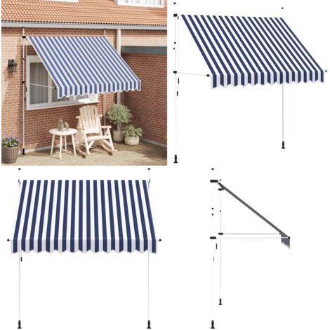 Toldo manual retráctil azul y blanco a rayas 250 cm - Toldo azul y blanco - Toldo para ventana