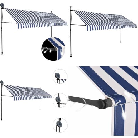 Toldo manual retráctil con LED azul y blanco 400 cm - Toldo azul y blanco - Toldo para ventana