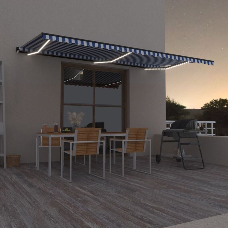 

Toldo manual retráctil con LED azul y blanco 600x350 cm