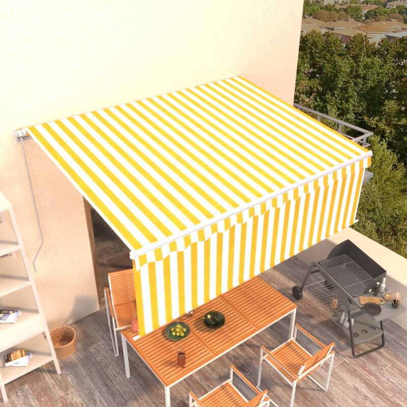 

Toldo manual retráctil con persiana amarillo y blanco 4x3 m