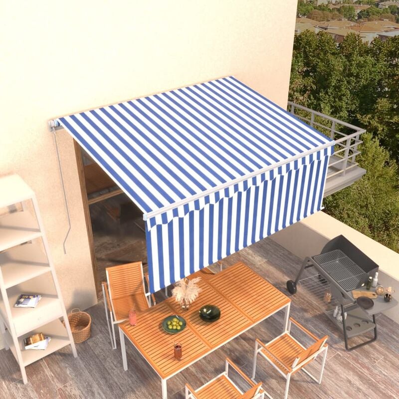 

Toldo manual retráctil con persiana azul y blanco 3,5x2,5m