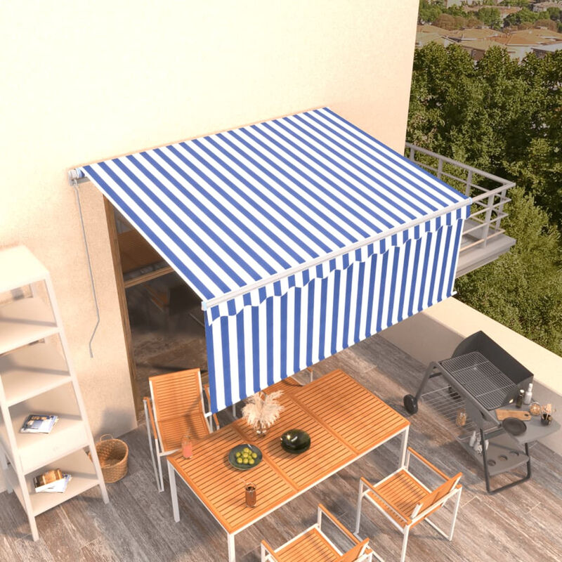 

Toldo manual retractil con persiana azul y blanco 3x2,5m