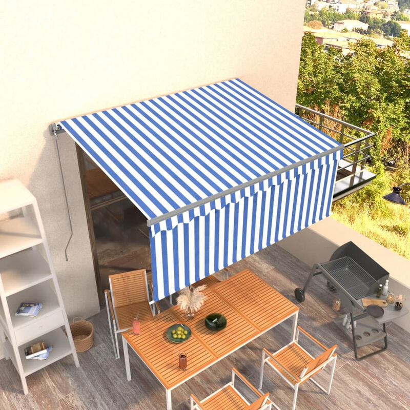 

Toldo manual retractil con persiana azul y blanco 3x2,5m