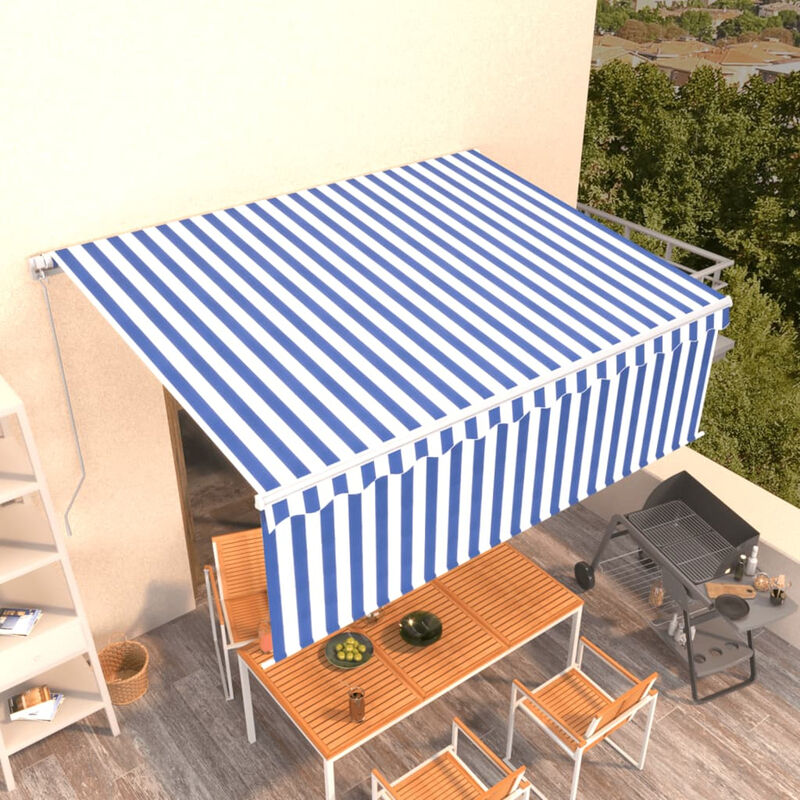 

Toldo manual retractil con persiana azul y blanco 4x3 m