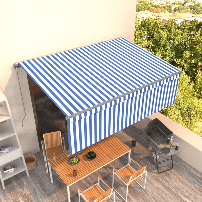 

Toldo manual retractil con persiana azul y blanco 4x3m