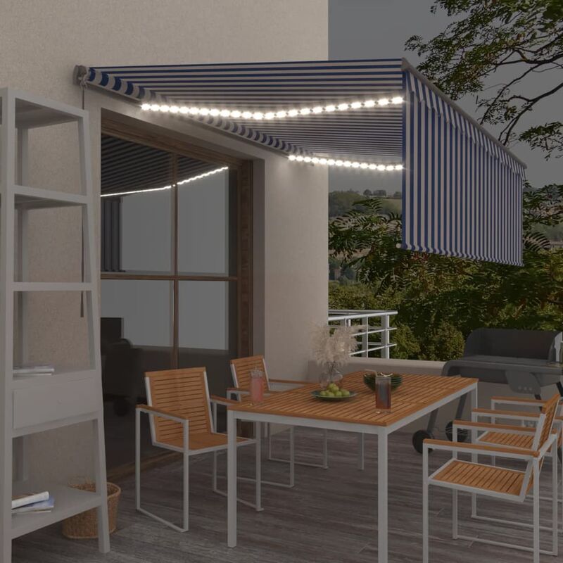 

Toldo manual retráctil con persiana y LED azul y blanco 4x3 m