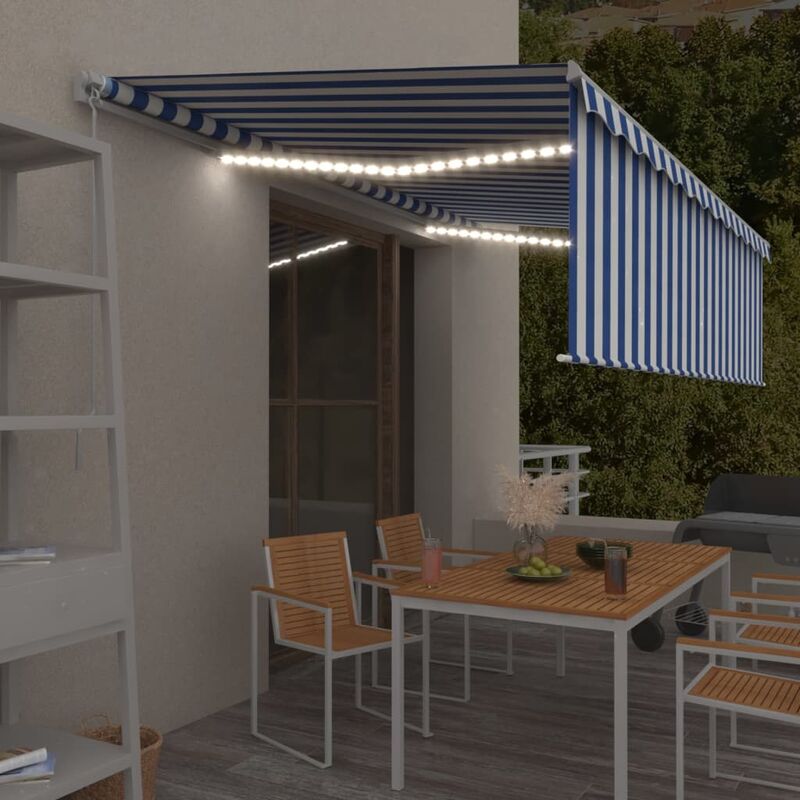 

Toldo manual retráctil con persiana y LEDs 5x3 m azul y blanco