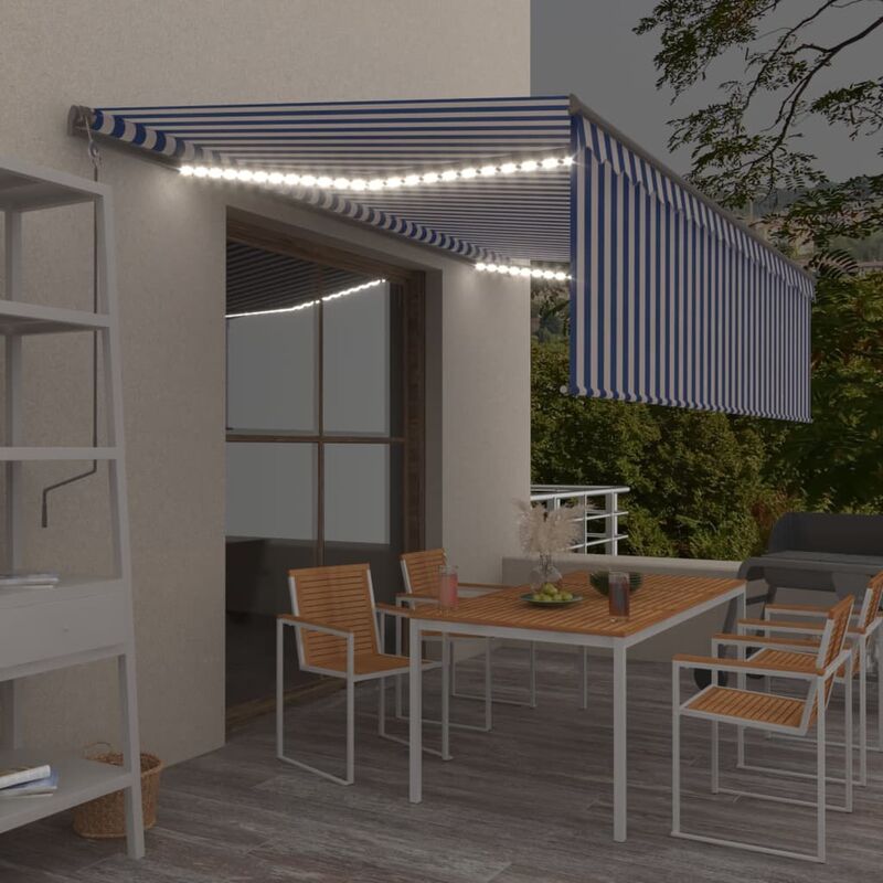 

Toldo manual retráctil con persiana y LEDs 5x3 m azul y blanco