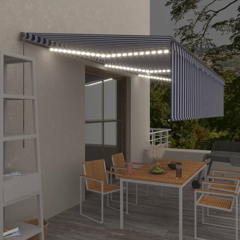 

Toldo manual retractil con persiana y LEDs 6x3 m azul y blanco