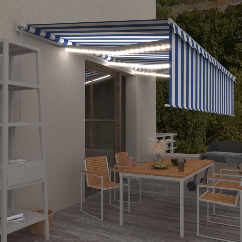 

Toldo manual retráctil con persiana y LEDs 6x3 m azul y blanco