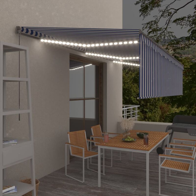 

Toldo manual retráctil con persiana y LEDs 6x3 m azul y blanco