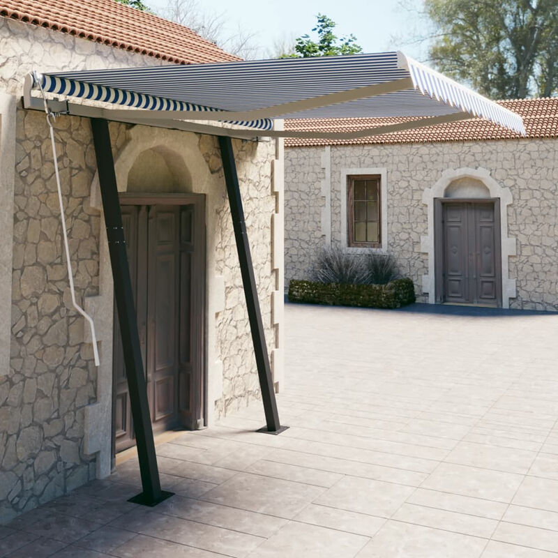 

Toldo manual retractil con postes azul y blanco 3x2,5 m