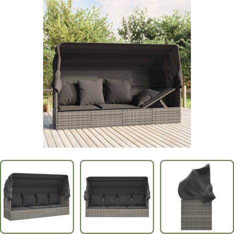 Toldo plegable -  Sofá tumbona de jardín con toldo cojines ratán sintético gris