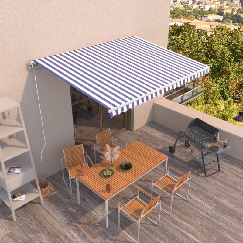 

Toldo retráctil automático azul y blanco 400x350 cm