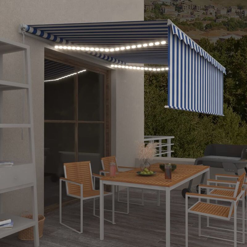 

Toldo retráctil manual con persiana y LED 4,5x3 m azul y blanco