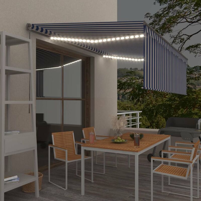 

Toldo retractil manual con persiana y LED azul y blanco 4,5x3 m