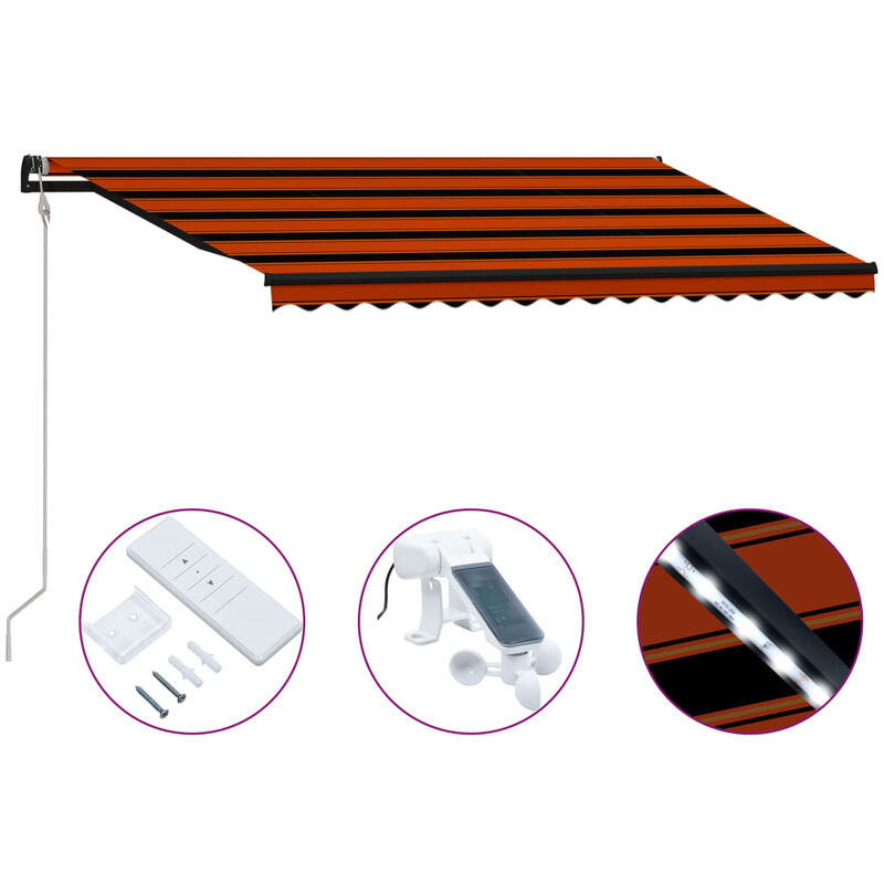 

Toldo retráctil sensor de viento LED naranja marrón 400x300 cm