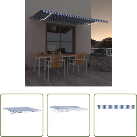 Toldo retráctil -  Toldo automático LED sensor de viento azul y blanco 500x350 cm