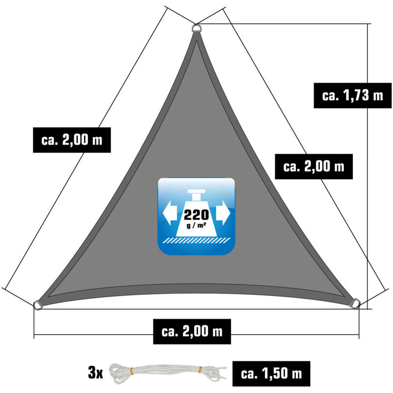 

Toldo UV HDPE 2x2x2 Vela de Protección Solar Triangular Techo Balcón Jardín Gris