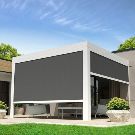 Toldo vertical compatible con pérgola LEVANTE y AIGUABLAVA 3,00x2,50 M (Motorizada con mando a distancia - Blanco satinado RAL9010 - Gris grafito)