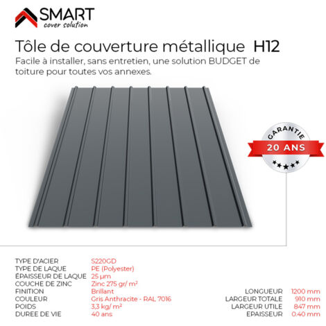 Tôle bac acier - Toiture - Couverture - Pack de 6 tôles H12 Coloris Gris Anthracite RAL 7016 Dimensions 1200x906x0.40 mm