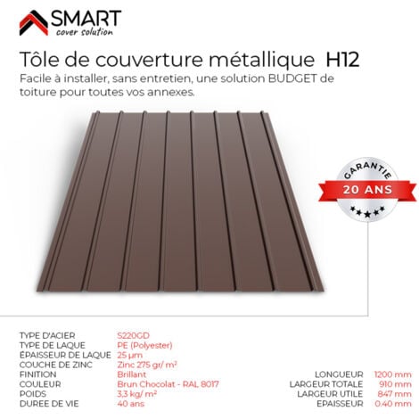 Tôle bac acier - Toiture - Couverture - plaque H12 Coloris Brun Chocolat RALl 8017  Dimensions 1200x910x0.40mm