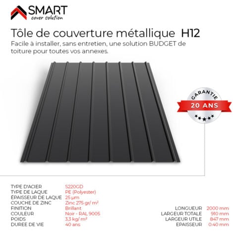 Tôle bac acier - Toiture - Couverture - plaque H12 Coloris Noir Brillant RAL 9005  Dimensions  2000x910x0.40 mm