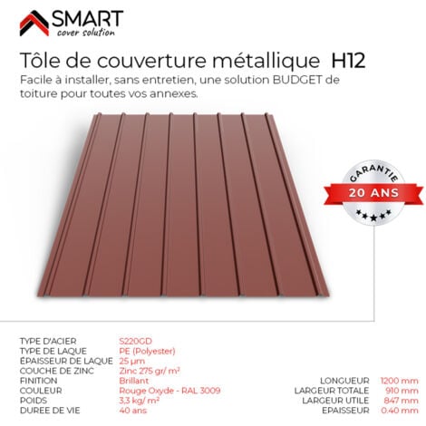 Tôle bac acier - Toiture - Couverture - plaque H12 Coloris Rouge Oxyde RALl 3009  Dimensions 1200x910x0.40 mm