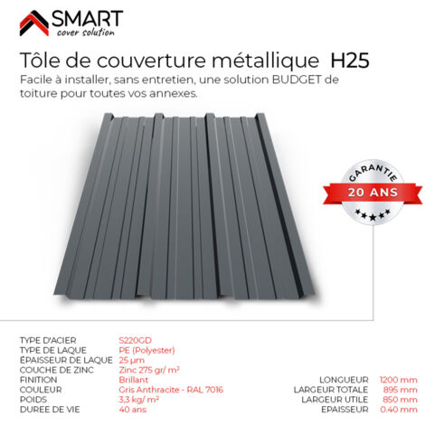 Tôle bac acier - Toiture - Couverture - plaque H25 Coloris Gris Anthracite RAL 7016 Dimensions 1200x895x0.40mm