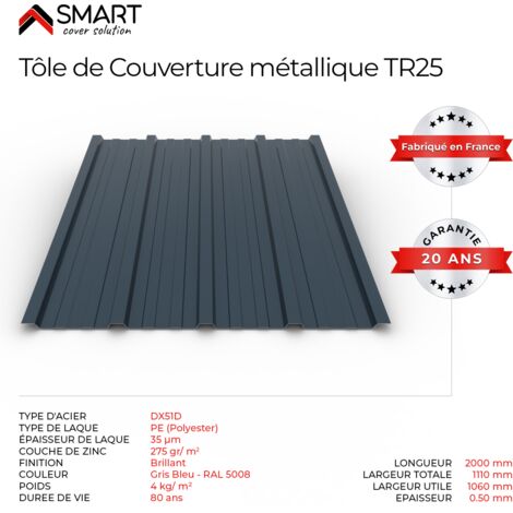 Tôle bac acier - Toiture - Couverture - plaque TR25 Coloris Gris Bleu RAL 5008 Dimensions 2000x1110x0.50mm