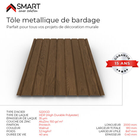 BRAVO THE SMART SOLUTION Tôle bac acier - Toiture - Couverture - plaque H12 Coloris Walnut Printech Dimensions 2000x910x0.40mm