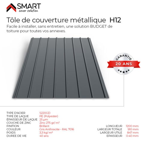 BRAVO THE SMART SOLUTION Tôle de couverture H12 Coloris Gris Anthracite RAL 7016 Dimensions 1200x910x0.40 mm