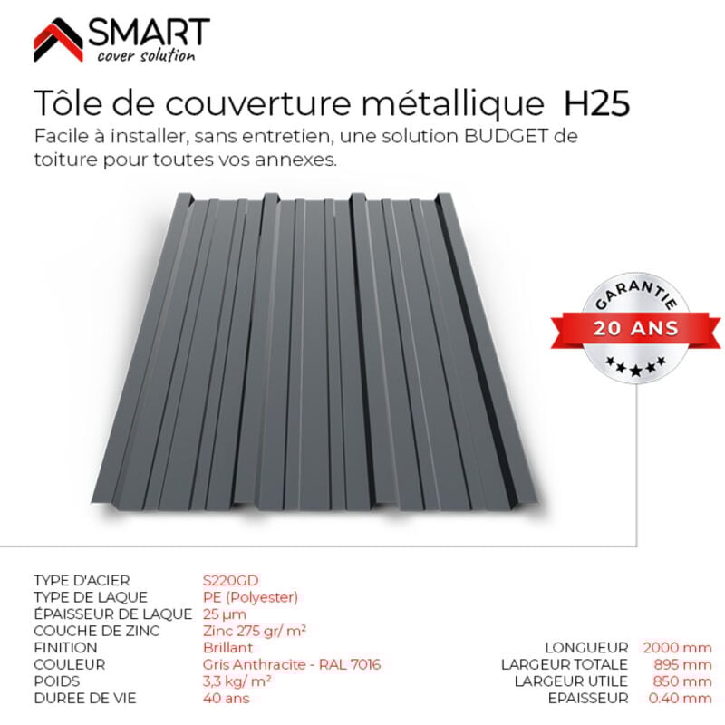 Tôle bac acier - Toiture - Couverture - plaque H25 Coloris Gris Anthracite ral 7016 Dimensions 2000x895x0.40 mm