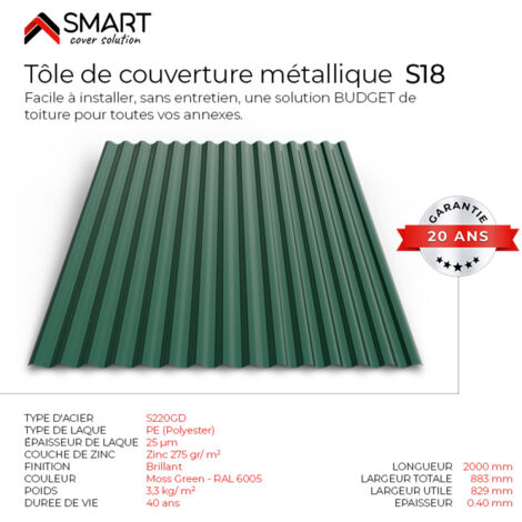 Tôle de couverture onde sinus S18 couleur vert mousse RAL 6005 Dimensions Lxl: 883x2000mm PACK de 6 tôles epaisseur 0,4mm