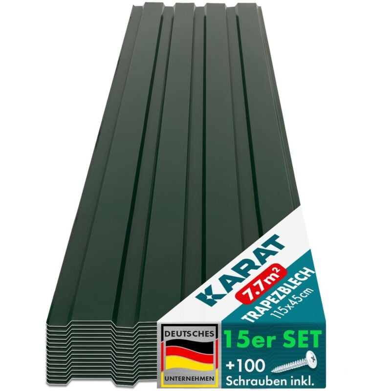 Lot de 15 tôles trapézoïdale tôles Tôle avec vis Épaisseur 0,25 mm, 115 x 45 cm, Vert