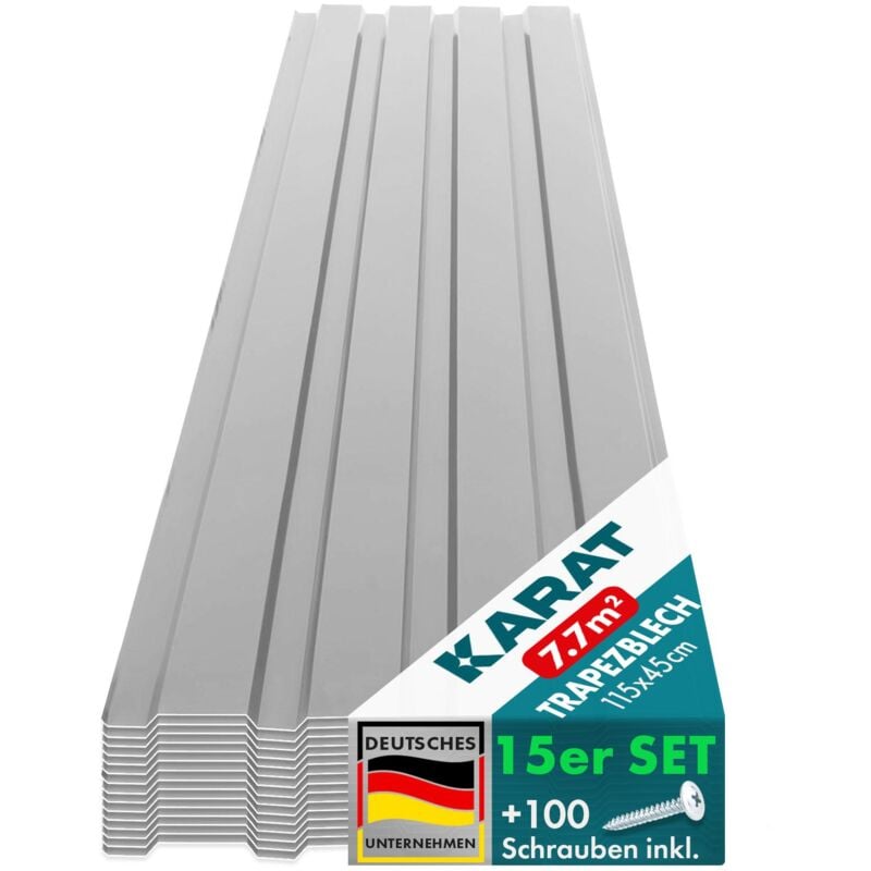 Lot de 15 tôles trapézoïdale tôles Tôle avec vis Épaisseur 0,25 mm, 115 x 45 cm, Gris clair