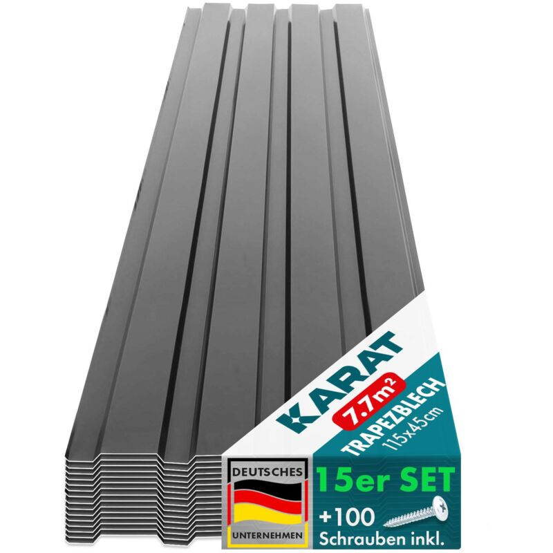 Lot de 15 tôles trapézoïdale tôles Tôle avec vis Épaisseur 0,25 mm, 115 x 45 cm, Gris foncé