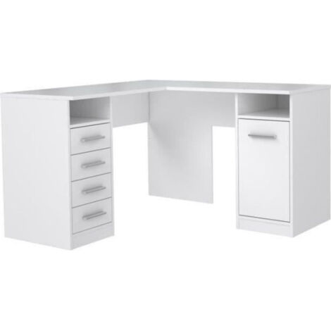 TOLEDE Bureau d'angle 1 porte 4 tiroirs - Décor papier blanc - L 125 x P 125 x H 75 cm