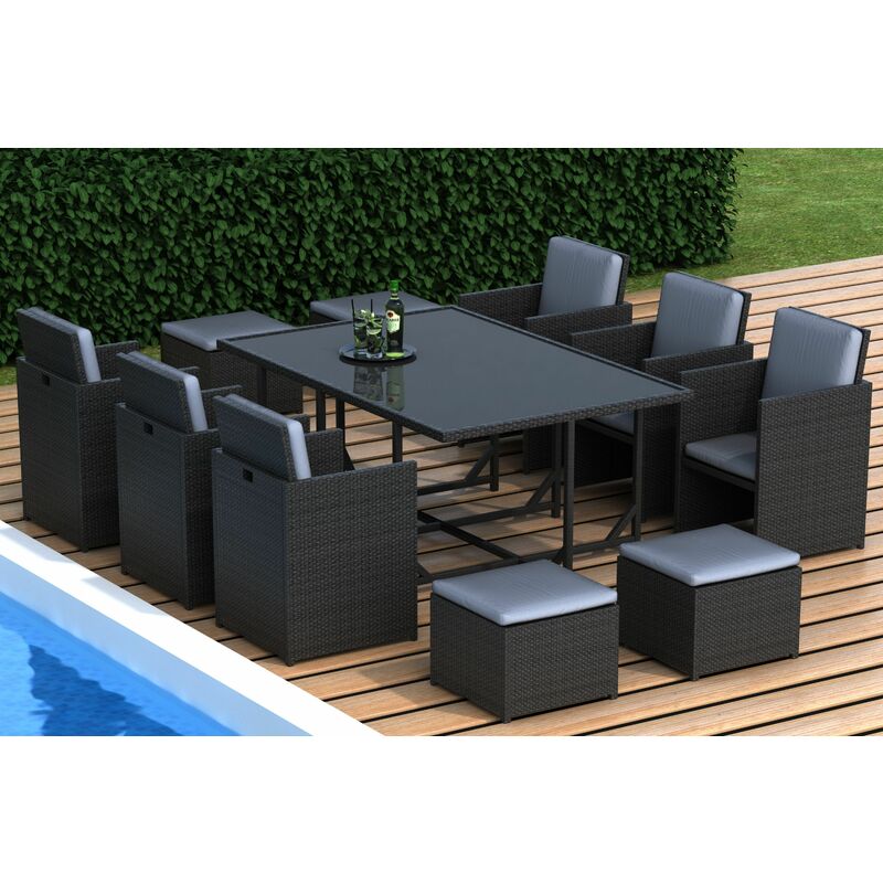Toledo - Salon de jardin encastrable 10 places - en résine tressée - Noir avec coussins gris - qualite premium garantie