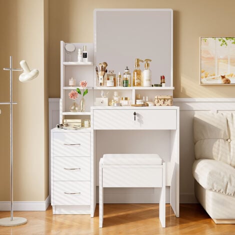 KEEPBUYING Toletta moderna con specchio - Tavolo da trucco 4 cassetti 1 sgabello - 4 ripiani portaoggetti - 87 x 40 x 144 cm - Bianco