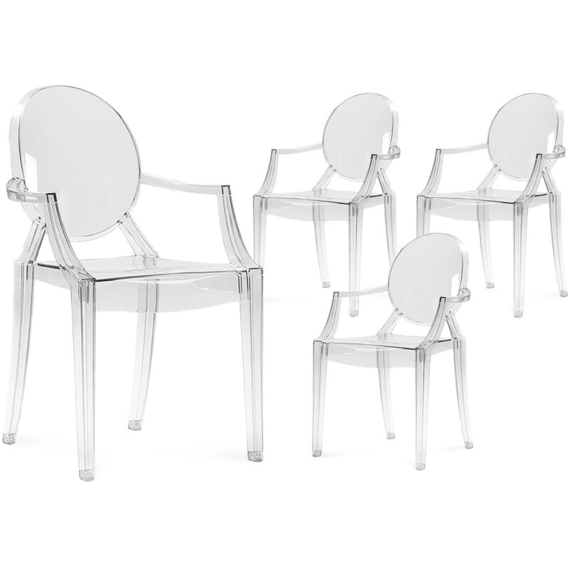 Deco In Paris – Lot de 4 chaises en plexi transparent empilables – Dossier ovale – Hauteur d'assise 48 cm – Largeur 54 cm – Pour intérieur et
