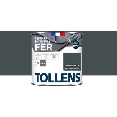 Tollens – Peinture fer extérieure brillante 0,5L – Ultra résistante antirouille – Séchage rapide – Couverture 8m² – Gris anthracite