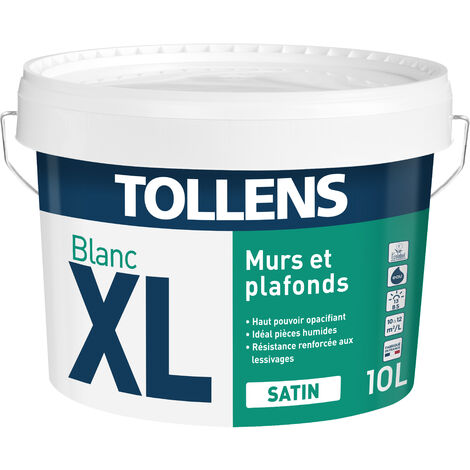 Tollens – Peinture blanche satin 10L – Spécial pièces humides – Ultra résistant et lessivable – Recouvrable en 4h – Surface jusqu'à 120m² - 120m2