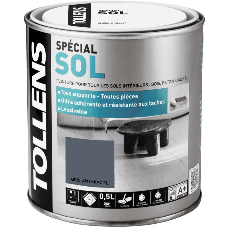Peinture Spéciale Sol - Satin - Toutes pièces - Tous Supports - Lessivable - Anthracite - 0,5L = 5m2 - Tollens