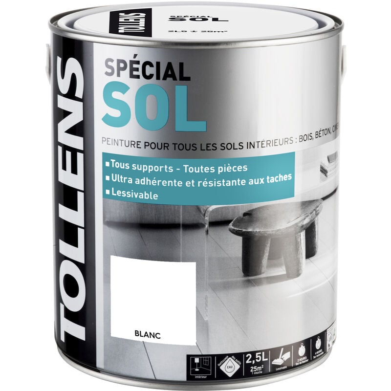 Peinture Spéciale Sol - Satin - Toutes pièces - Tous Supports - Lessivable - Blanc - 2,5L = 25m2 - Tollens