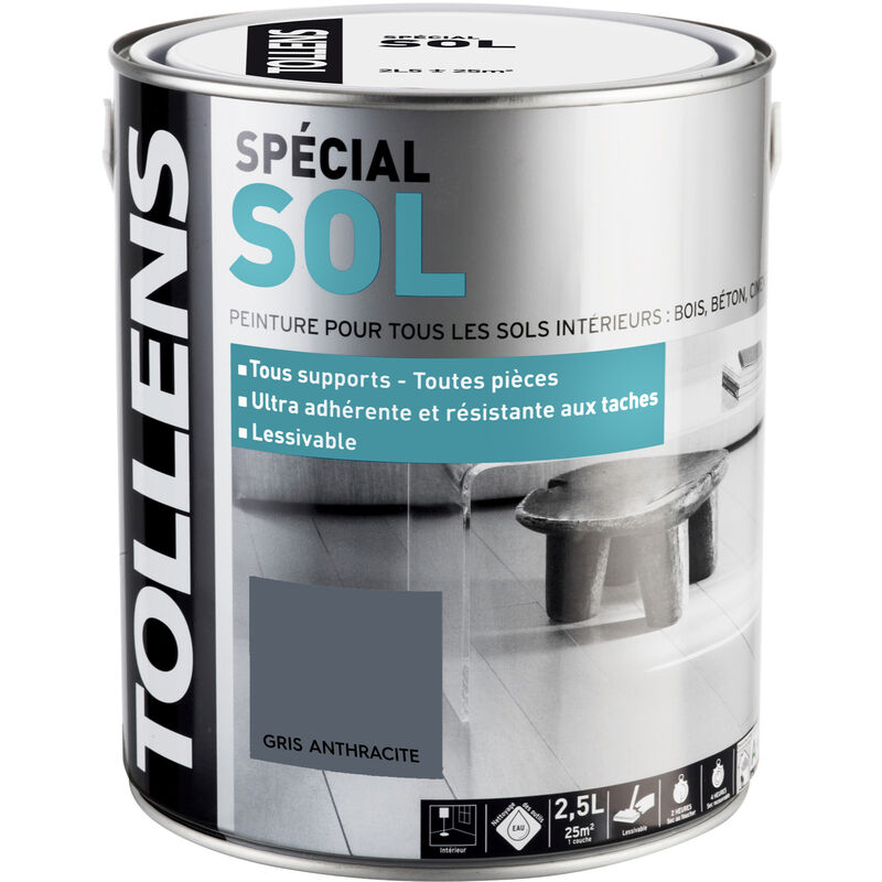 Peinture Spéciale Sol - Satin - Toutes pièces - Tous Supports - Lessivable - Gris Anthracite - 2,5L = 25m2 - Tollens