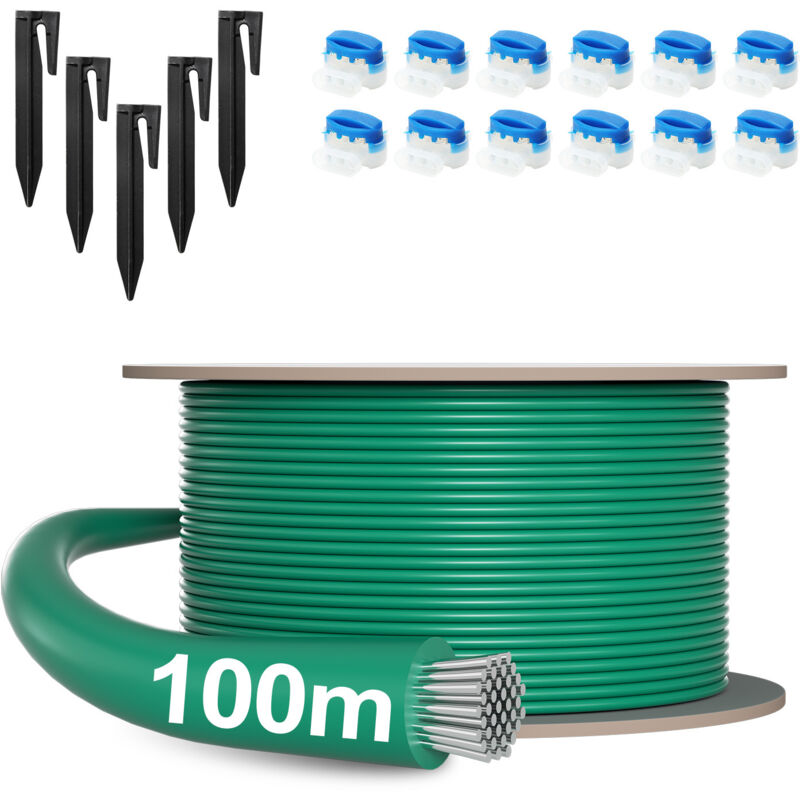 100m Câble Périphérique Universel pour Tondeuse-Robot, 12 Connecteurs de Câble + 350 Piquets de Terre, ø 2,7 mm, Câble de Délimitation pour Jardins