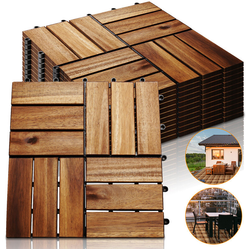 TolleTour 11x Dalles de terrasse en bois d'acacia pour 1m² - 30x30cm - Fixation par Clips - Terrasse - Balcon - Jardin - Piscine