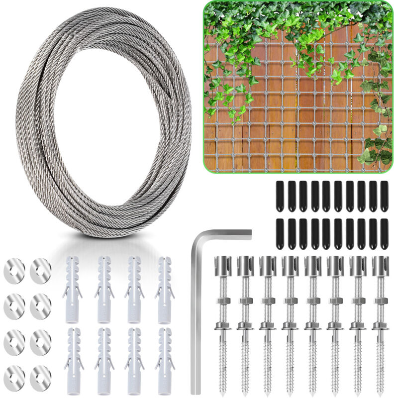 Tolletour - 12M Treillis métallique pour plantes Support Pour Plante Grimpante, Kit Complet En Inox Avec Support Mural Et Corde Diamètre 3MM