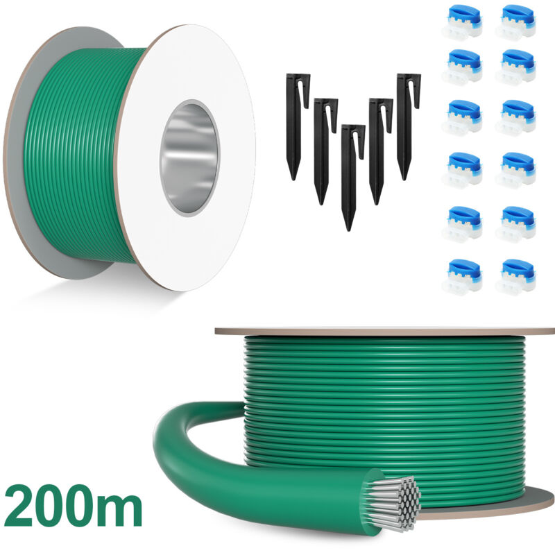 200m Câble Périphérique Universel pour Tondeuse-Robot, 24 Connecteurs de Câble + 700 Piquets de Terre, ø 2,7 mm, Câble de Délimitation pour Jardins